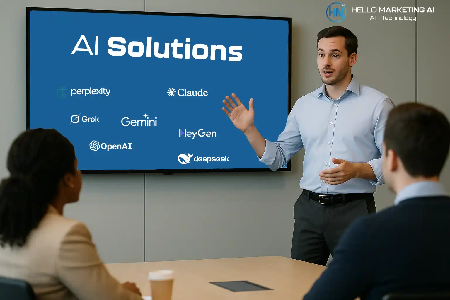 AI solutions explaining to a group of people
