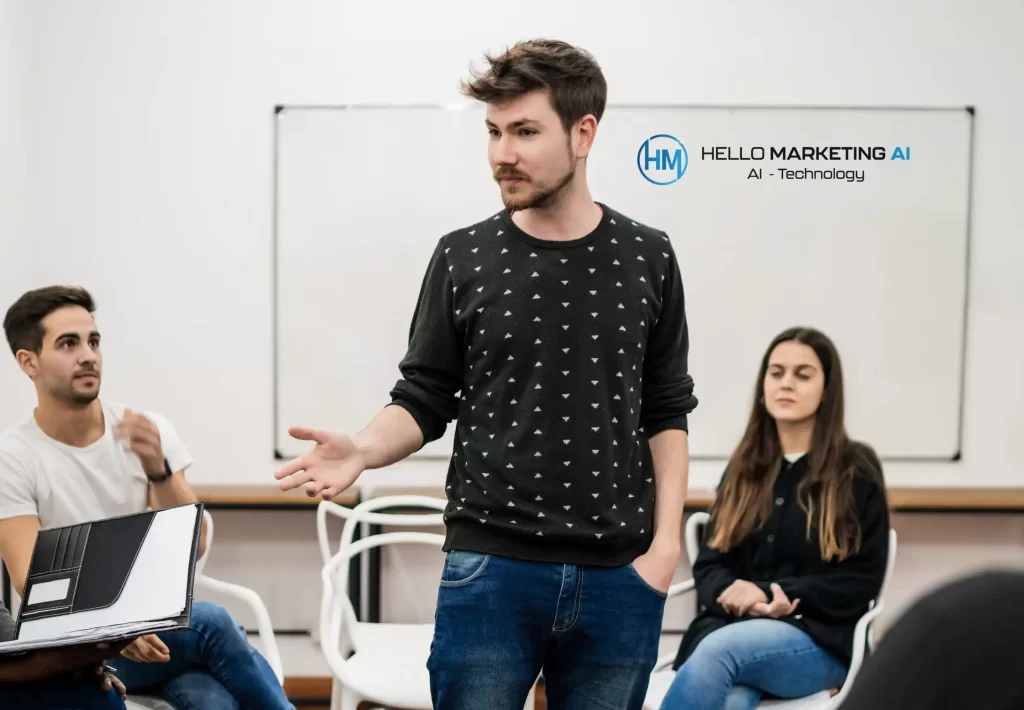 Creative guy from Hello Marketing AI is explaining about why Ai can help companies