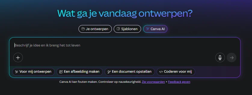 Beginscherm Canva AI