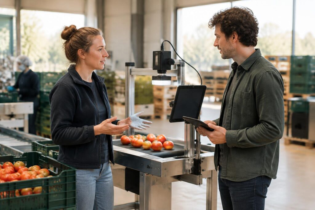Kwaliteitsmanager en AI-specialist bespreken een maatwerkapplicatie bij een inspectiestation.