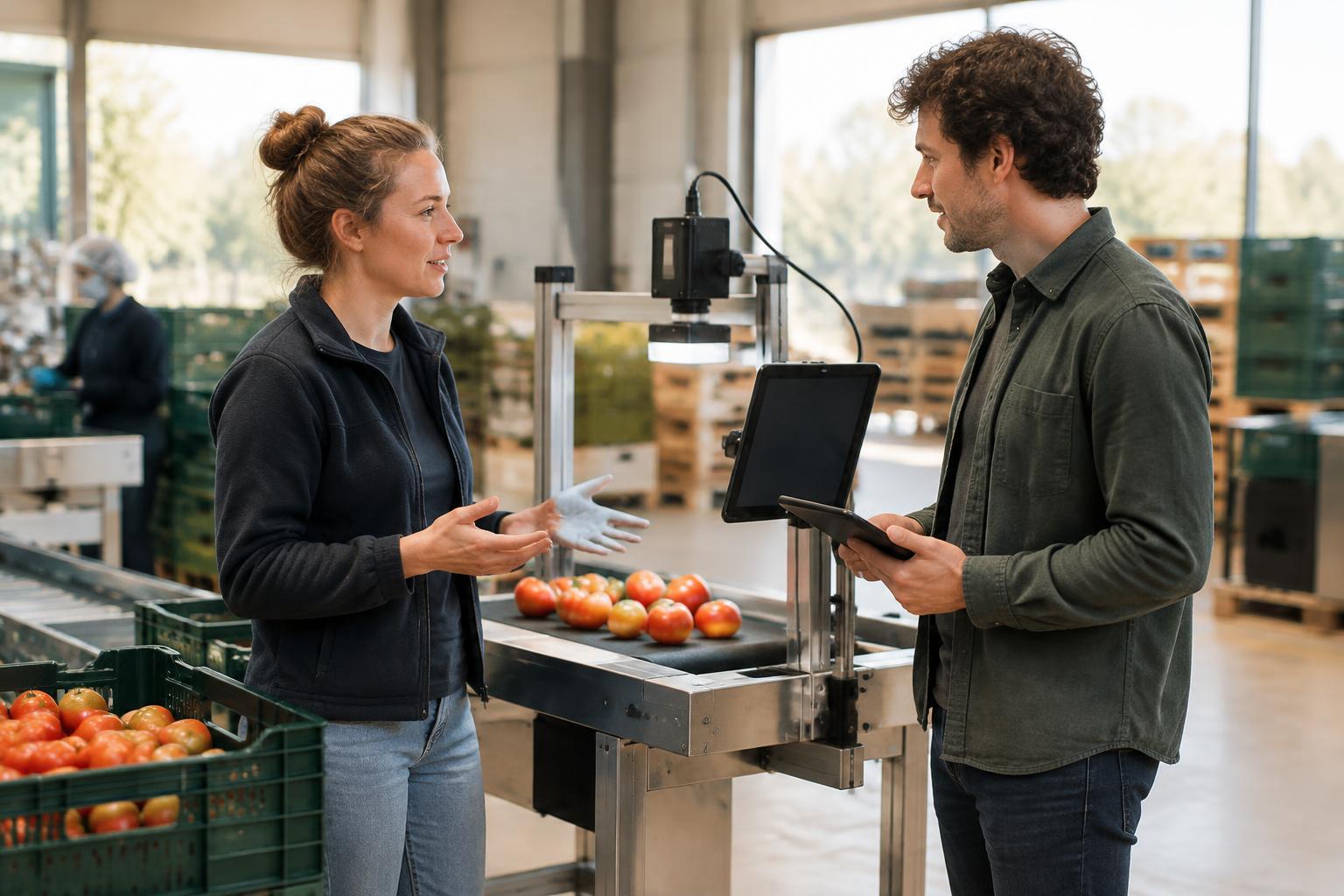 Kwaliteitsmanager en AI-specialist bespreken een maatwerkapplicatie bij een inspectiestation.