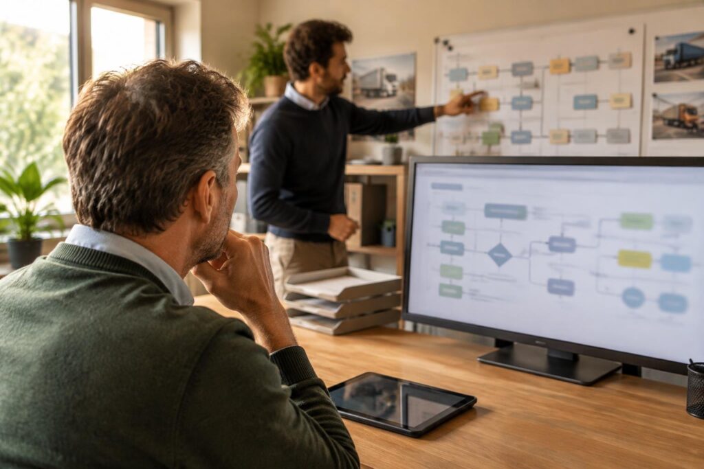 Medewerker en adviseur bespreken een AI-ondersteund werkproces op kantoor.