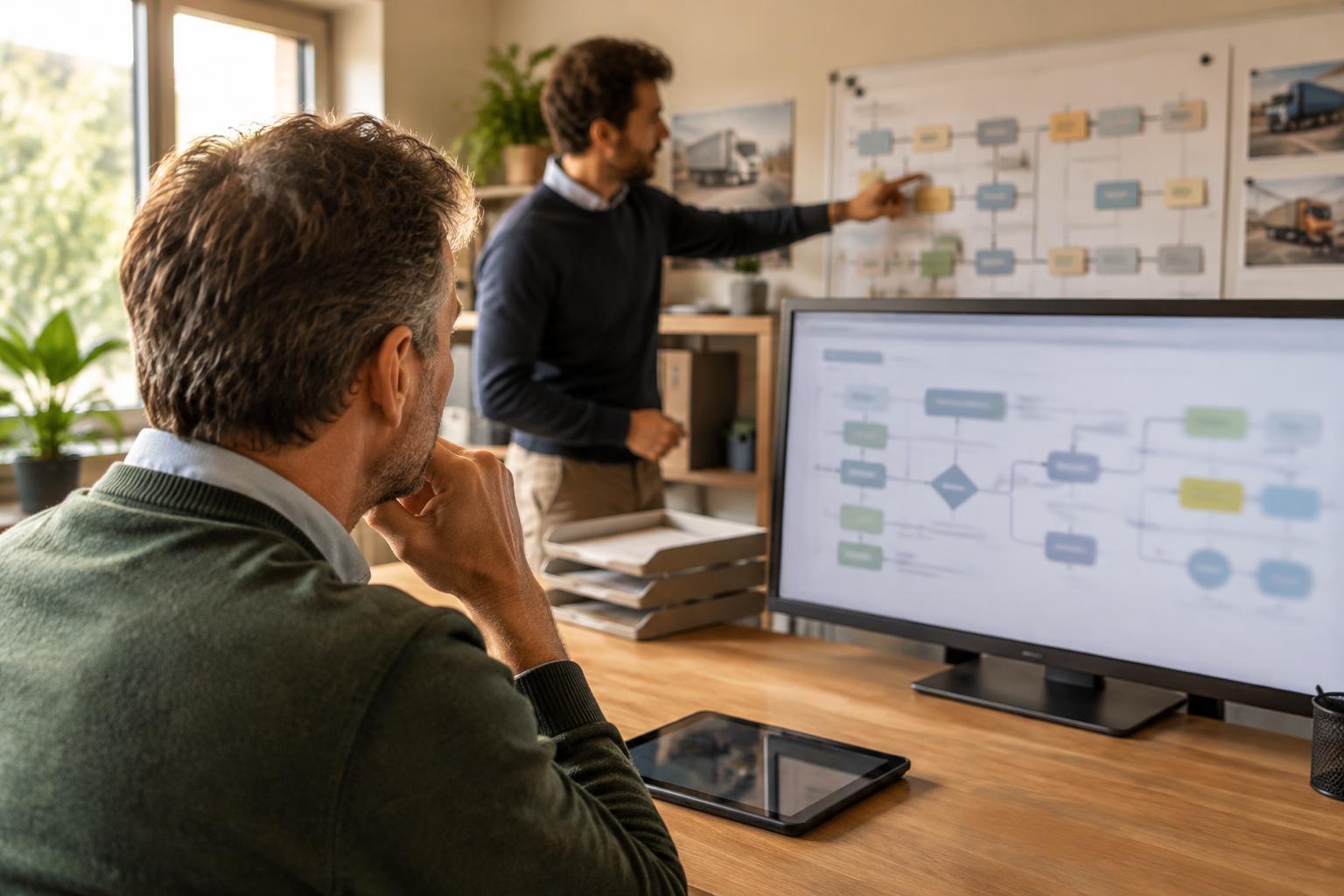 Medewerker en adviseur bespreken een AI-ondersteund werkproces op kantoor.