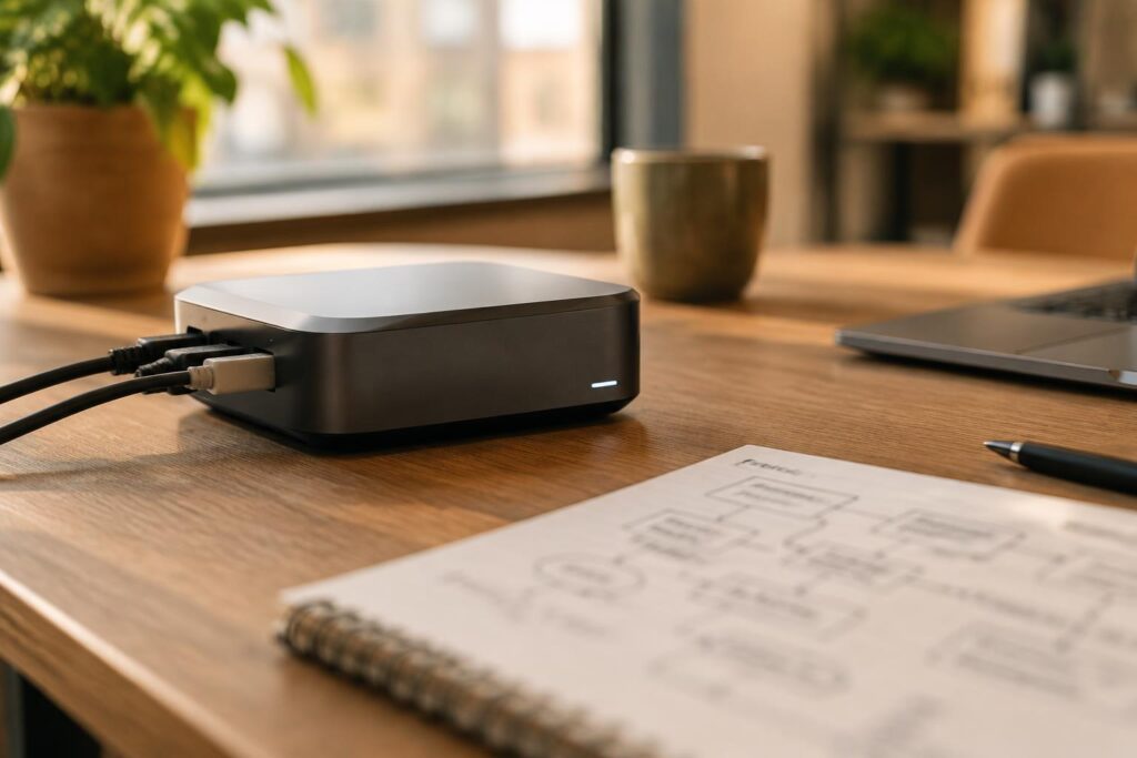 Close-up van een prototype voor een AI-workflow op een bureau.