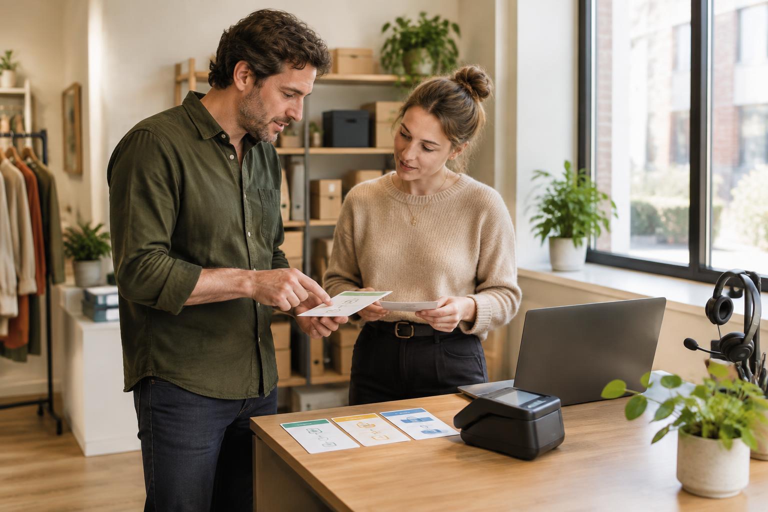 Twee medewerkers bespreken een werkproces bij een compacte werkplek.