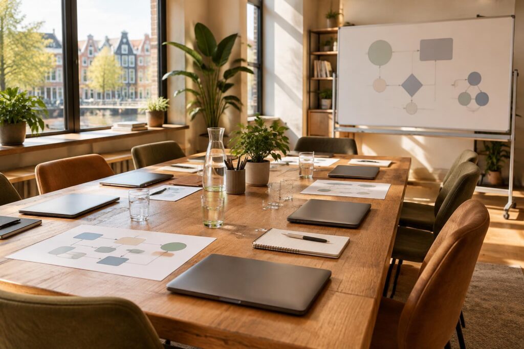 Lege trainingsruimte in een mkb-kantoor, ingericht voor een AI-workshop.