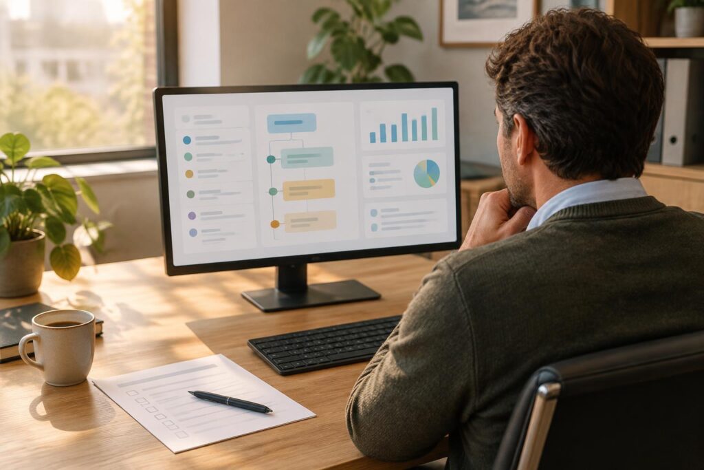 Ondernemer bekijkt een custom AI werkproces op een laptop.