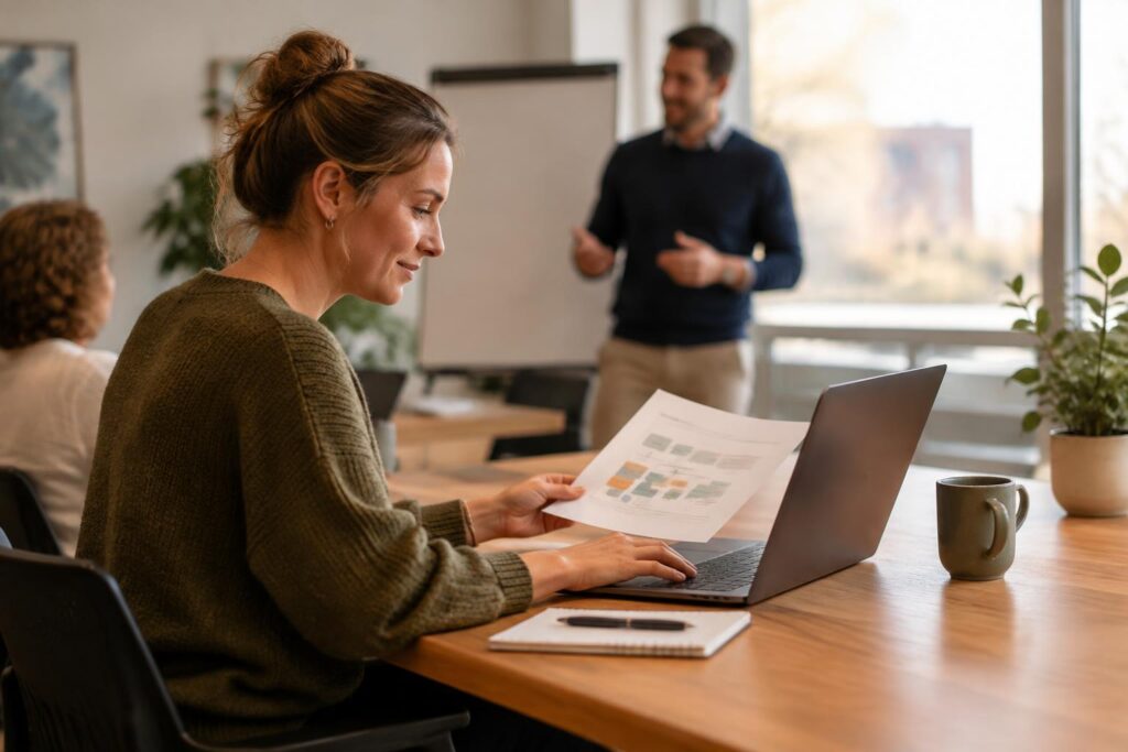 Manager werkt tijdens een praktische AI training op kantoor