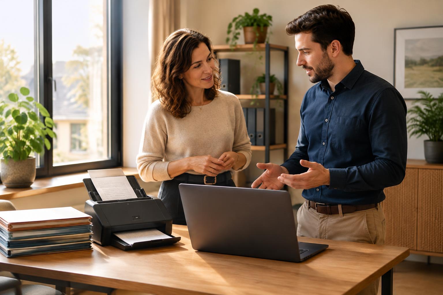 Twee medewerkers bespreken een AI-automatisering bij een werkplek met documentscanner.