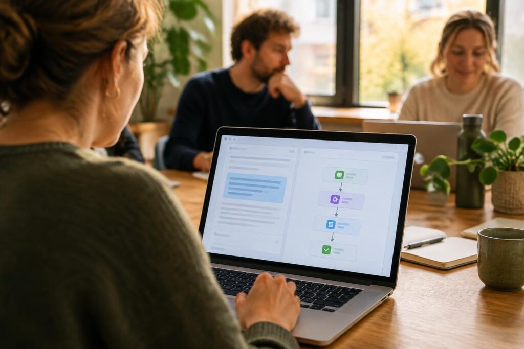 Deelnemer bekijkt een AI-workflow op een laptop tijdens een training.