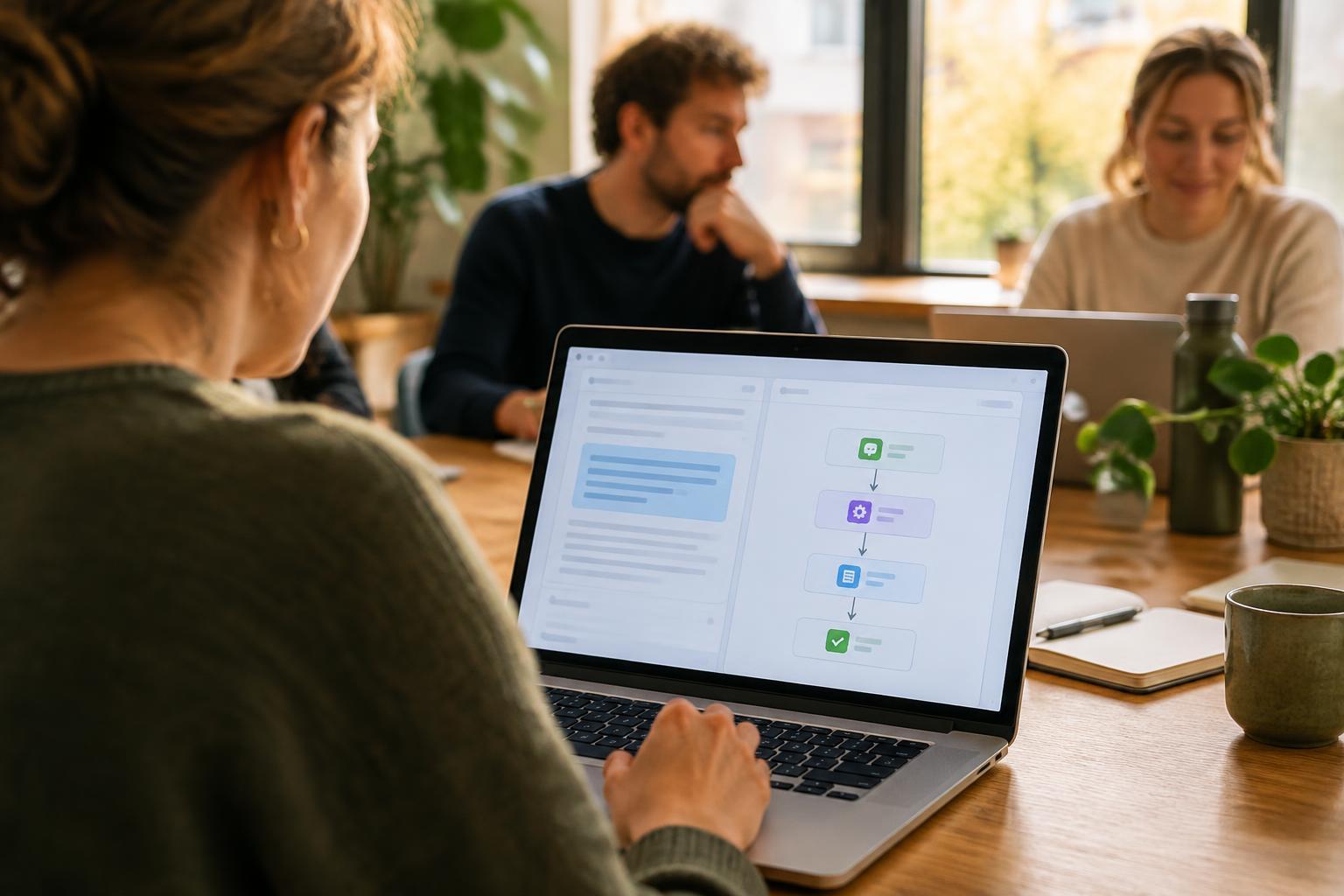 Deelnemer bekijkt een AI-workflow op een laptop tijdens een training.