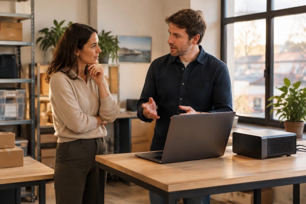 Twee medewerkers bespreken een AI-koppeling naast een laptop en serverapparatuur.