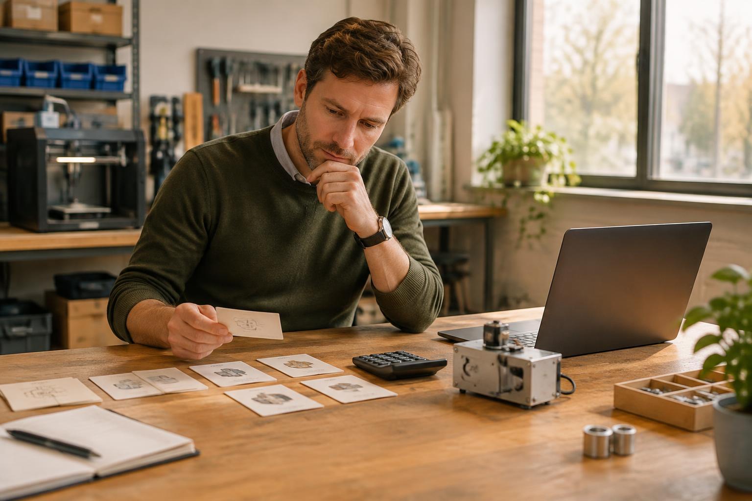 Ondernemer beoordeelt de omvang van een maatwerk AI-tool aan een werktafel.