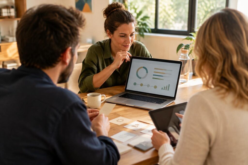 Teamcoördinator bekijkt een voortgangsscherm terwijl collega’s werkprocessen bespreken.