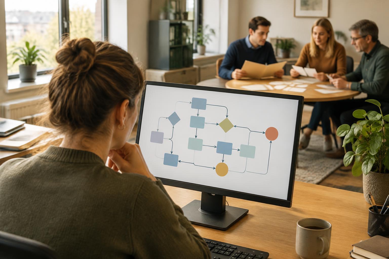 Een teamcoördinator bekijkt een onleesbaar processchema terwijl collega’s werkmappen bespreken.