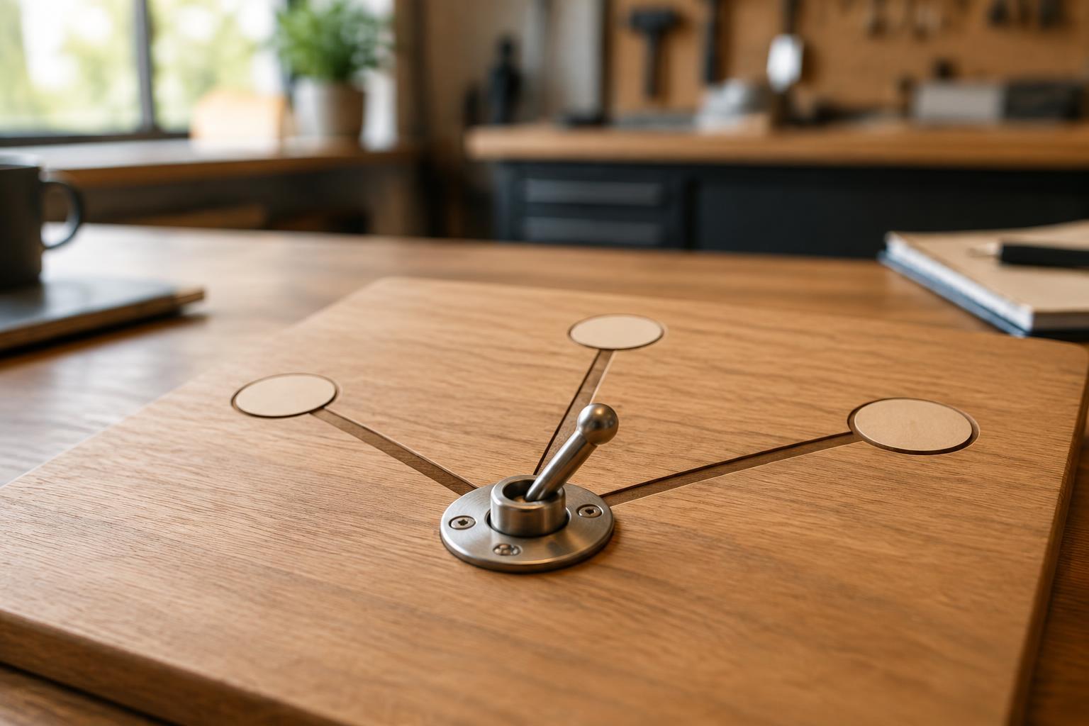 Metalen keuzeschakelaar op een houten projectbord.