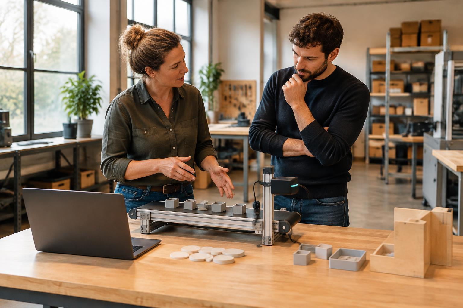 Twee professionals bespreken een kleinschalige testopstelling in een werkplaats.