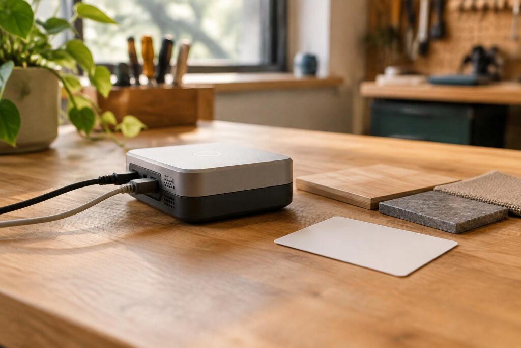Compact prototypeapparaat met kabels en neutrale testmaterialen op een werkbank.