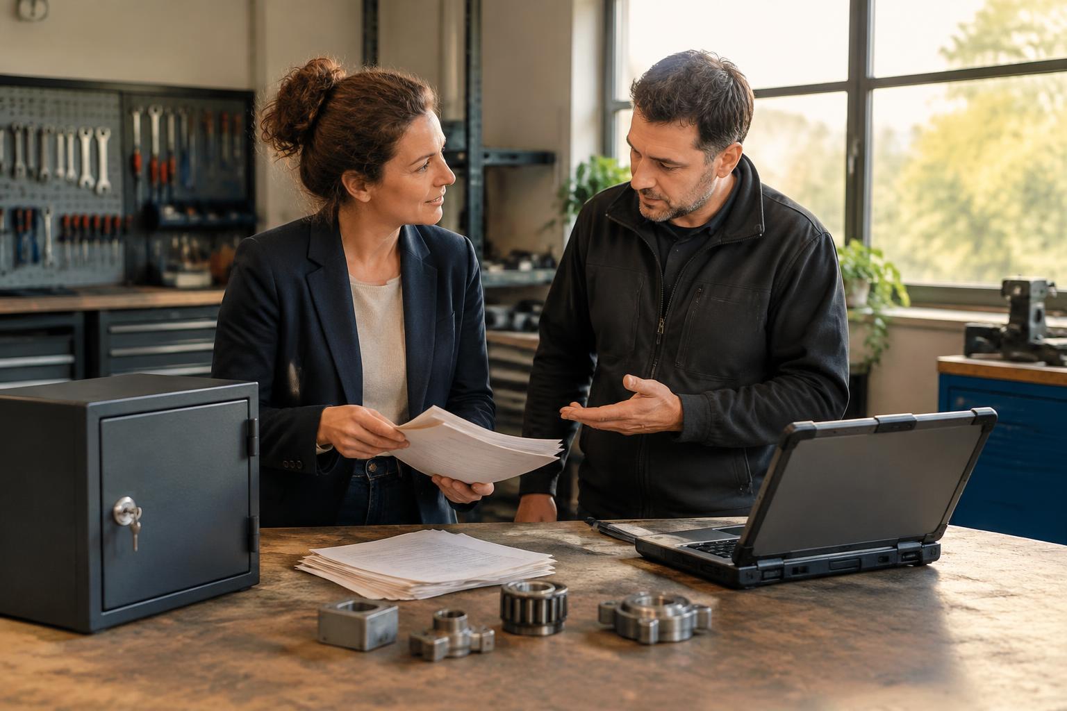 Twee collega’s bespreken documenten en apparatuur bij een werkbank.