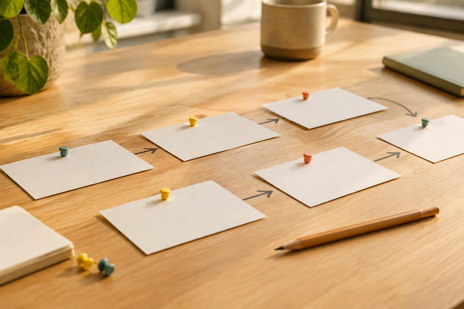 Blanco proceskaarten op een houten tafel voor het plannen van een training.