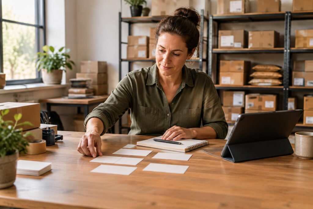 Ondernemer die aan een bureau de voorbereiding voor een AI-training bespreekt.