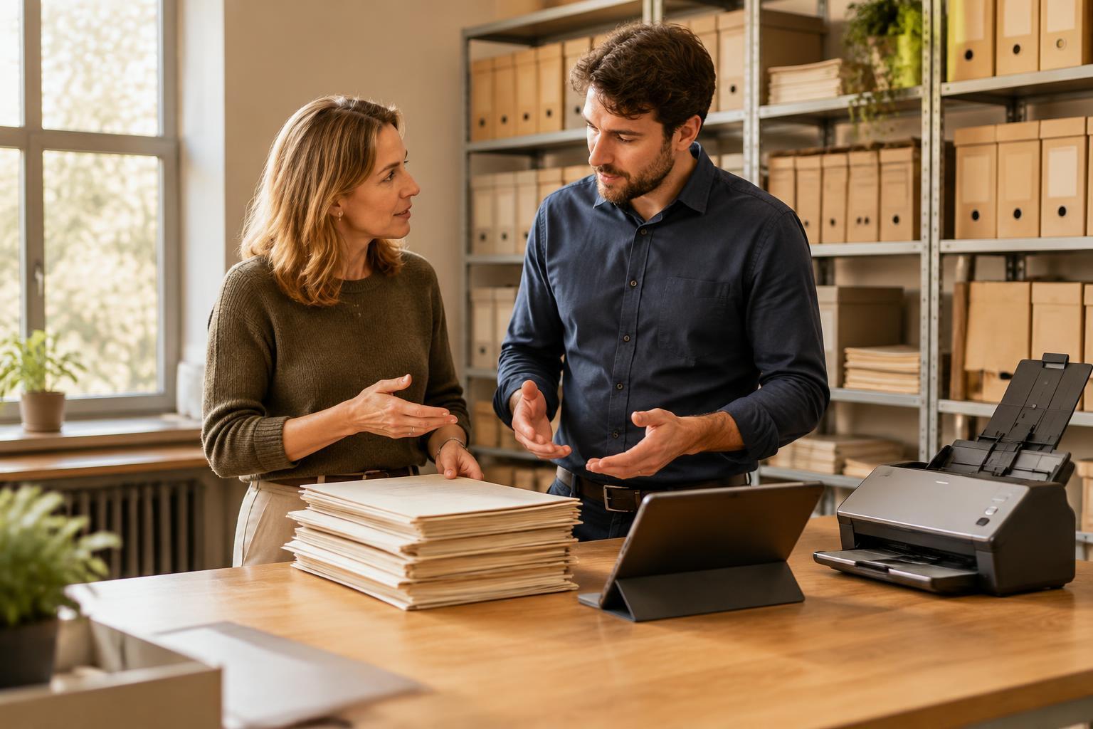 Twee mensen bespreken documenten bij een scanstation in een archiefruimte.